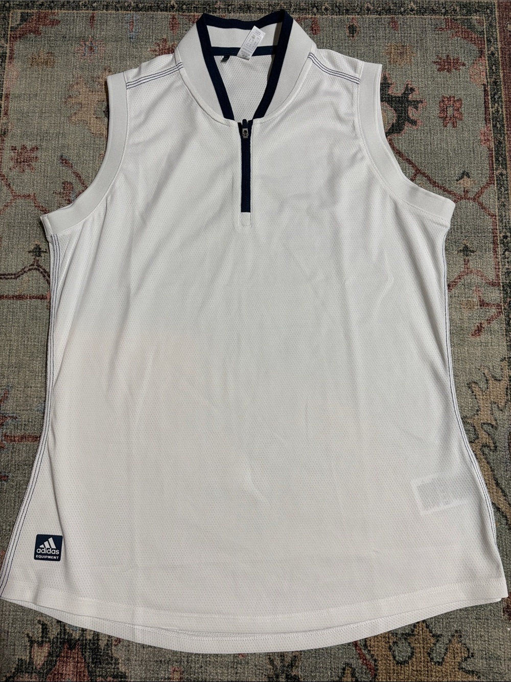 adidas White Sleeveless Quarter-Zip Polo with Navy Trim